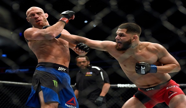 Jorge Masvidal lands a punch on Donald Cerrone  in their Welterweight bout during UFC Fight Night January 28, 2017 at Pepsi Center. Masvidal defeated Cerrone one minute into the second round on a TKO.